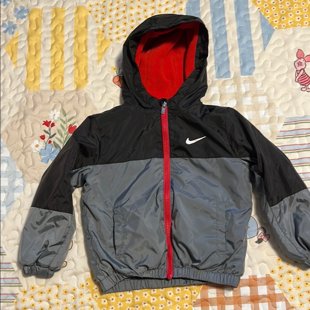 Nike Black and Gray Hooded Jacket with Red Accents